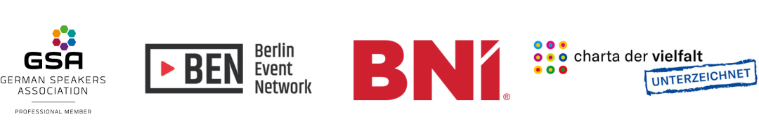 GSA German Speakers Association, BEN Berliner Event Network, BNI und Unterzeichner der Charta der Vielfalt.
